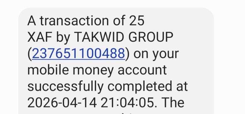 MTN MOMO text message confirmation showing successful payment