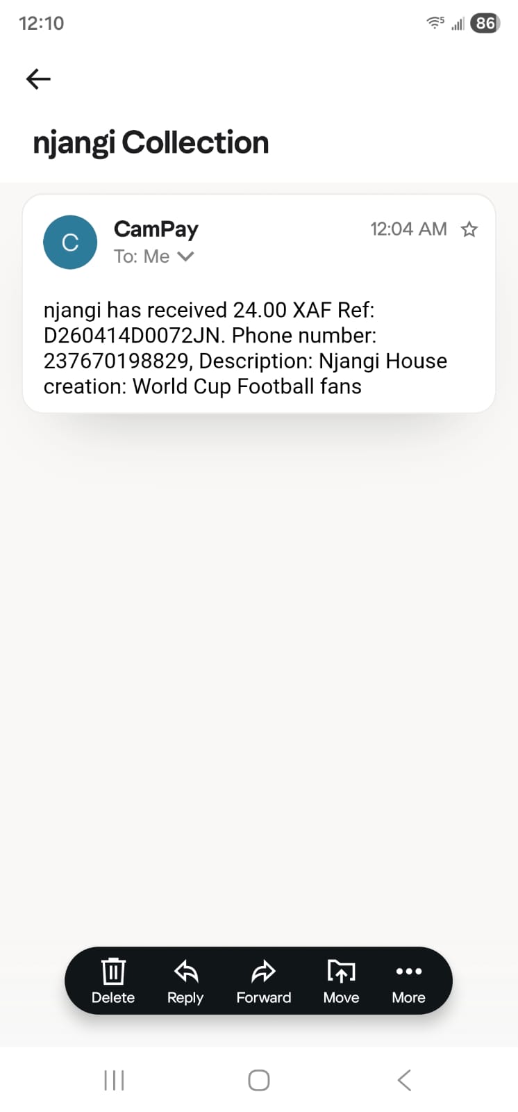 CamPay email receipt showing 24 XAF received at 12:04 AM on 2026-04-15, Dubai time